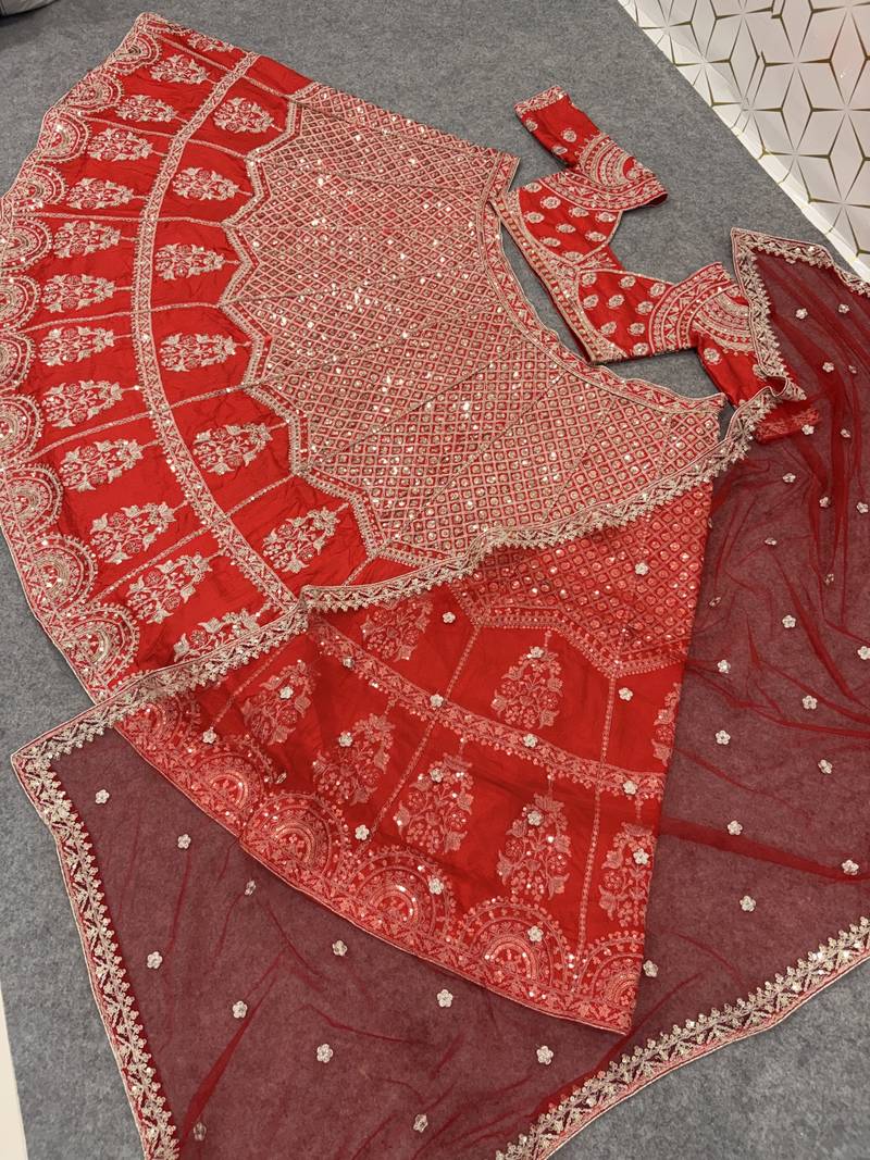 Red Color Sequins,Dori And Jaru Work Satin Lehenga Choli
