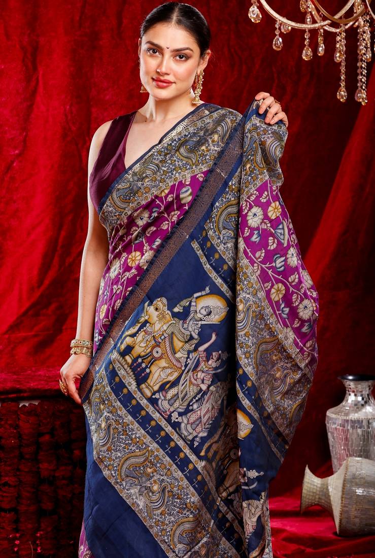 avani pure kalamkari kora saree hand embroidery