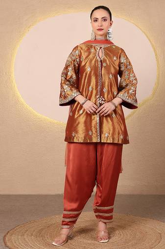 Rust orange embroidered tissue kurta set