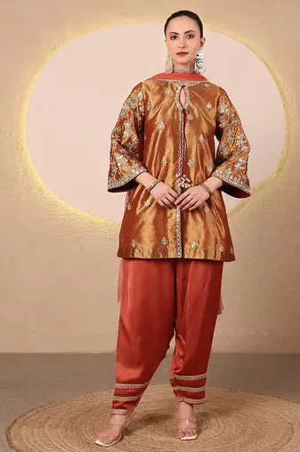 Rust orange embroidered tissue kurta set