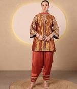 Rust orange embroidered tissue kurta set