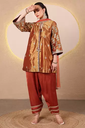 Rust orange embroidered tissue kurta set