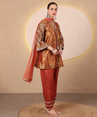 Rust orange embroidered tissue kurta set 3