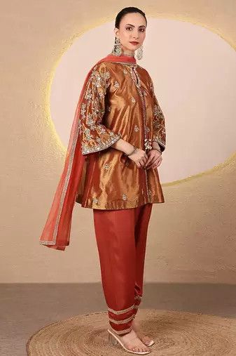 Rust orange embroidered tissue kurta set