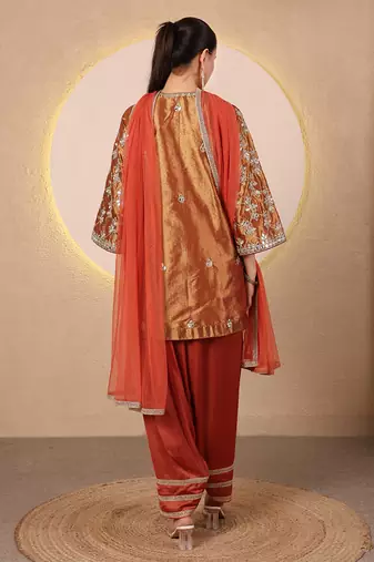 Rust orange embroidered tissue kurta set