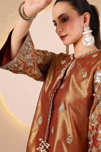 Rust orange embroidered tissue kurta set