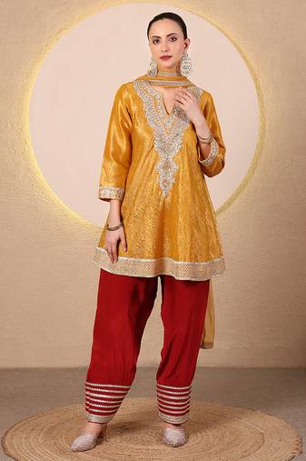 Mustard yellow embroidered crushed tissue kurta set