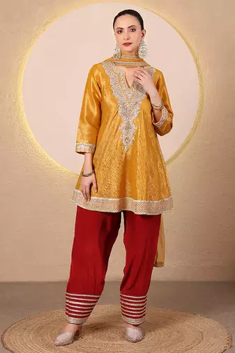 Mustard yellow embroidered crushed tissue kurta set