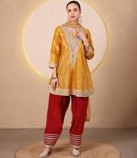 Mustard yellow embroidered crushed tissue kurta set