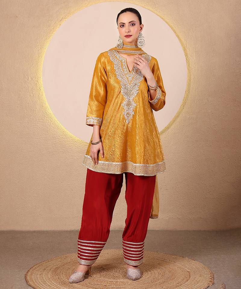 Mustard yellow embroidered crushed tissue kurta set
