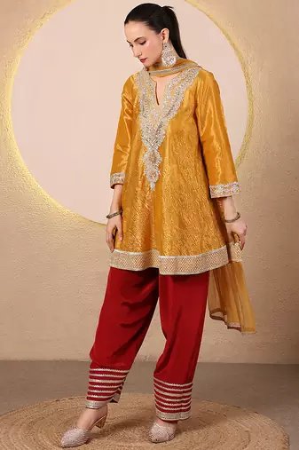 Mustard yellow embroidered crushed tissue kurta set