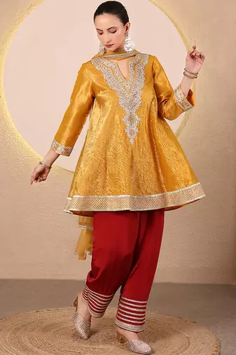 Mustard yellow embroidered crushed tissue kurta set