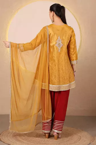 Mustard yellow embroidered crushed tissue kurta set