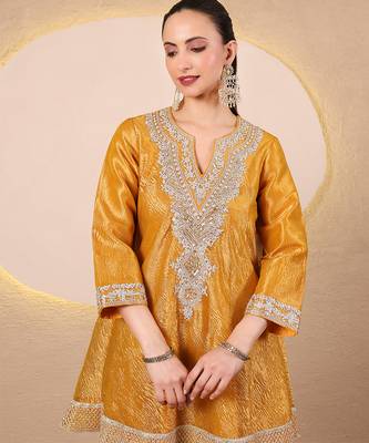 Mustard yellow embroidered crushed tissue kurta set 5