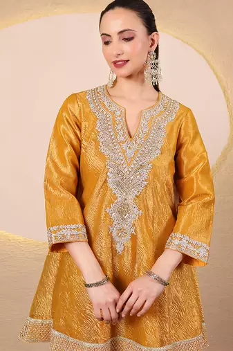 Mustard yellow embroidered crushed tissue kurta set