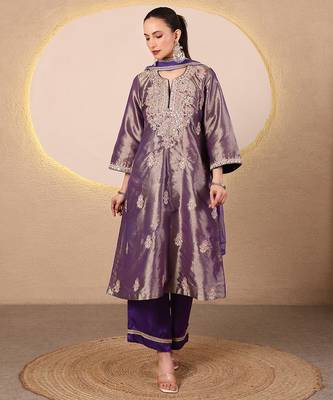 Purple embroidered tissue kurta set 1