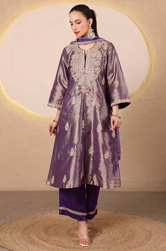 Purple embroidered tissue kurta set