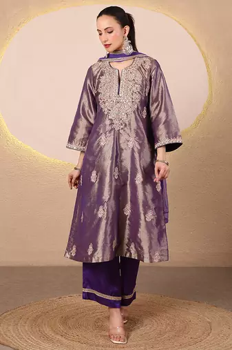 Purple embroidered tissue kurta set