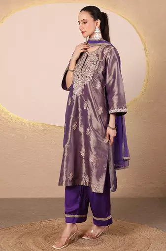 Purple embroidered tissue kurta set
