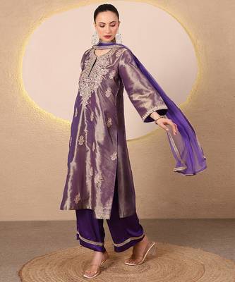 Purple embroidered tissue kurta set 3