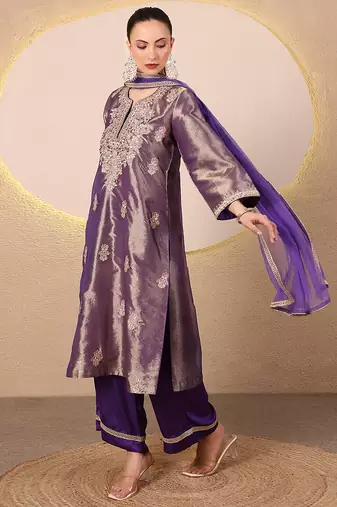 Purple embroidered tissue kurta set
