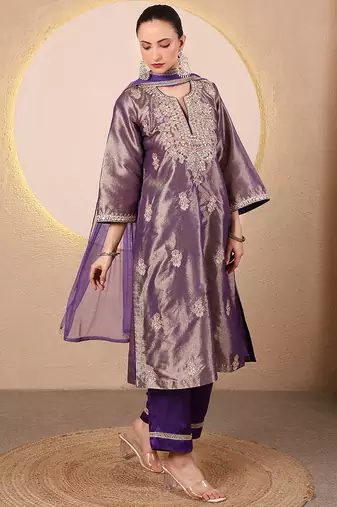 Purple embroidered tissue kurta set