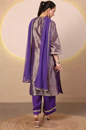Purple embroidered tissue kurta set