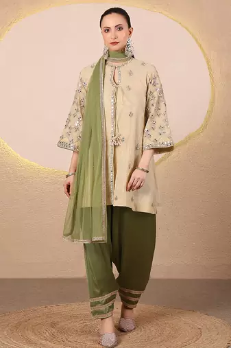 Gold and green embroidered chanderi kurta set
