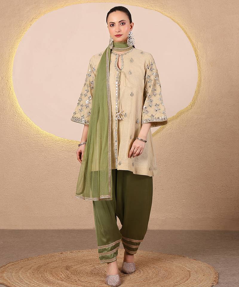 Gold and green embroidered chanderi kurta set