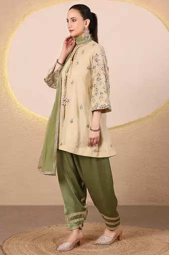Gold and green embroidered chanderi kurta set
