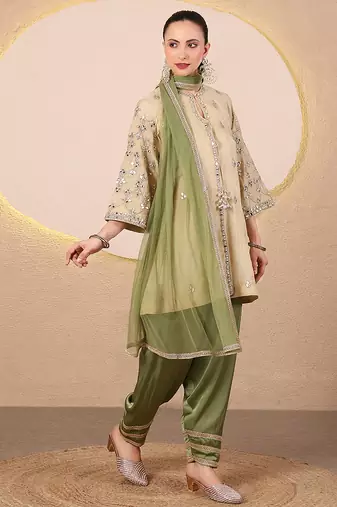 Gold and green embroidered chanderi kurta set