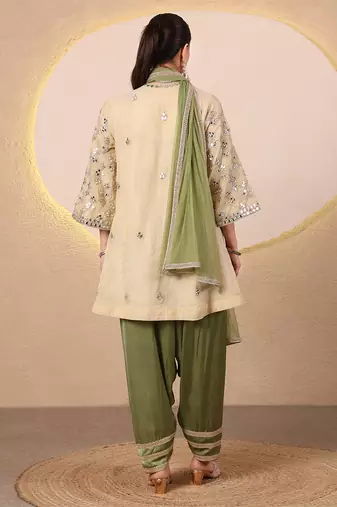 Gold and green embroidered chanderi kurta set
