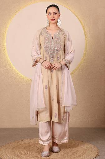 Golden beige pink embroidered chanderi kurta set