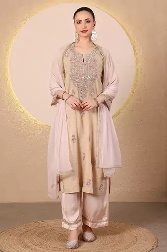 Golden beige pink embroidered chanderi kurta set