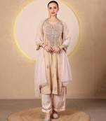 Golden beige pink embroidered chanderi kurta set