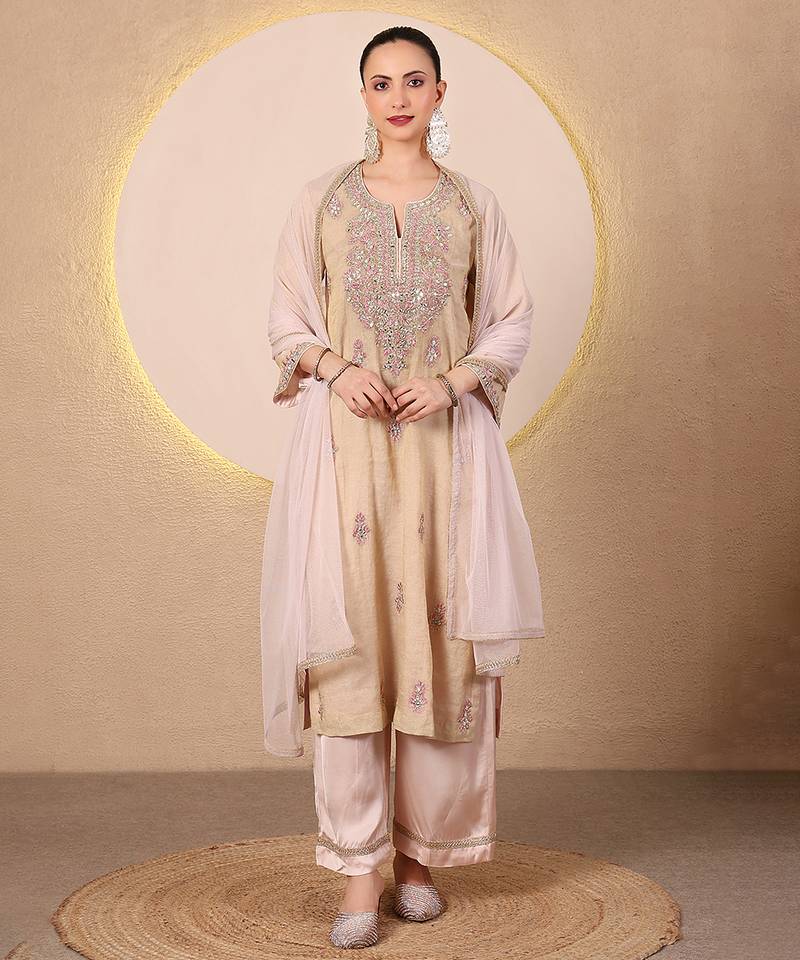 Golden beige pink embroidered chanderi kurta set