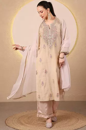 Golden beige pink embroidered chanderi kurta set