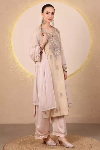 Golden beige pink embroidered chanderi kurta set