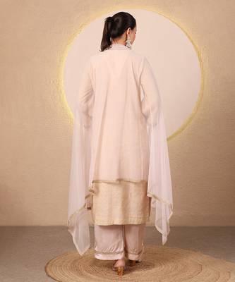 Golden beige pink embroidered chanderi kurta set 4