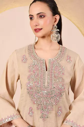 Golden beige pink embroidered chanderi kurta set