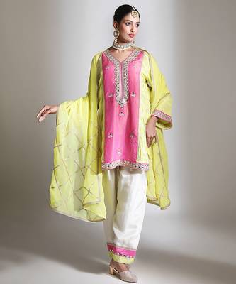 Lime green and pink embroidered tissue kurta set 1