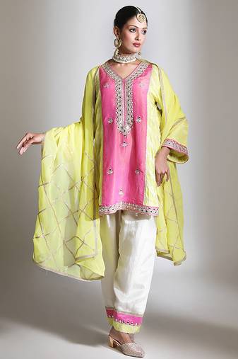 Lime green and pink embroidered tissue kurta set