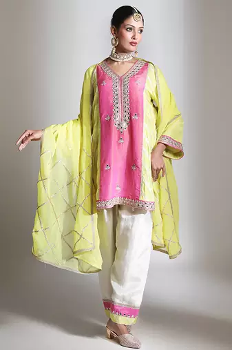Lime green and pink embroidered tissue kurta set