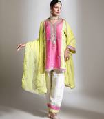 Lime green and pink embroidered tissue kurta set