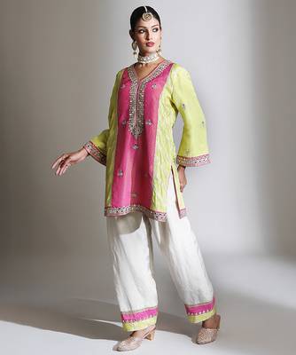 Lime green and pink embroidered tissue kurta set 2