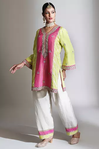 Lime green and pink embroidered tissue kurta set