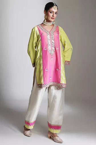 Lime green and pink embroidered tissue kurta set