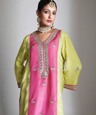 Lime green and pink embroidered tissue kurta set 4
