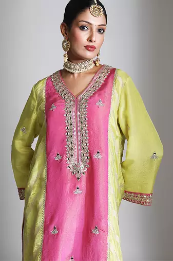 Lime green and pink embroidered tissue kurta set