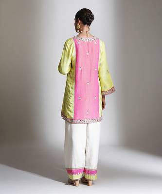 Lime green and pink embroidered tissue kurta set 5